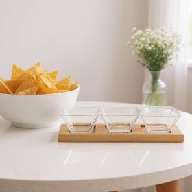 4 Mouth Blown Crystal Hostess Set   4 Pc With 3 Glass Condiment Or Dip Bowls On A Wood Tray