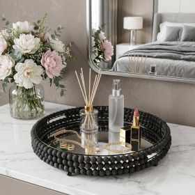 21" Matte Black Wood With Bead Mirrored Glass Bottom Round Tray