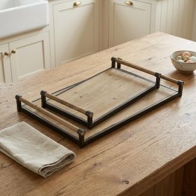 Set Of 2 Light Brown Wood With Matte Black Metal Frame And Two Handles Trays