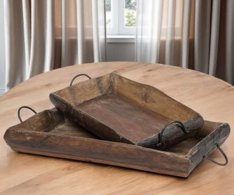 Set Of 2 Medium Brown Recycled Wood With Flaunt Metal Handles Trays