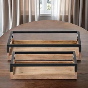 Set Of 2 Natural Finish With Black Nesting Wood Accent Trays
