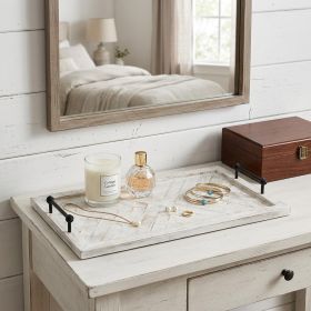 Whitewashed Tone Wood With Herringbone Pattern With Metal Raised Edges Tray