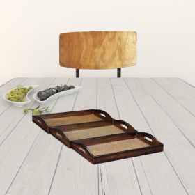 Set Of Three 20" Brown Rectangular Woven Wood Tray With Handles