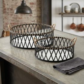 Set of Two Black and Tan Round Bamboo Serving Tray With Handles