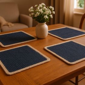 15" Set of Four Navy And Natural Solid With Border Cotton Square Placemats