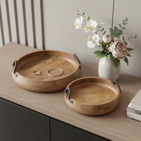 Set of Two Brown Solid Wood Round Trays With Handles