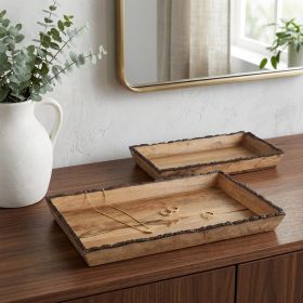 Set of Two Brown Solid Wood Serving Trays