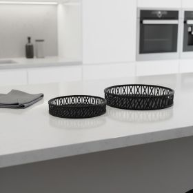 Set of Two Black Round Wicker Handmade Serving Trays
