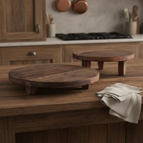 Set of Two Brown Reclaimed Wood Handmade Round Riser Trays