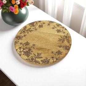12" Brown Solid Wood Floral Round Serving Tray