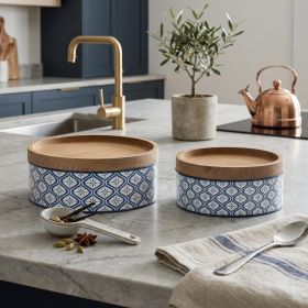 cSet of Two Blue And White Metal And Solid Wood Geometric Storage Canisters