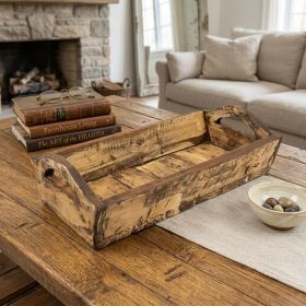 20" Antiqued White And Brown Reclaimed Wood Handmade Serving Tray With Handles
