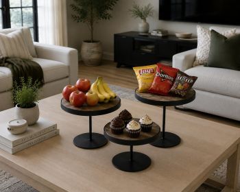 Set of Three Black And Light Brown Iron And Solid Wood Round Risers