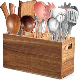Acacia Wood Utensil Holder Organizer for Counter - Large Wooden Utensil Caddy for Countertop - 3 Compartment Cooking Tool Holder for Spatula - for Fa