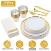 175PCS Disposable Gold Rim Dinnerware Set for 25 Guests - Premium Plastic Plates Cups Cutlery Napkins, Perfect for Wedding Birthday Halloween Christm