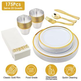 175PCS Disposable Gold Rim Dinnerware Set for 25 Guests - Premium Plastic Plates Cups Cutlery Napkins, Perfect for Wedding Birthday Halloween Christm