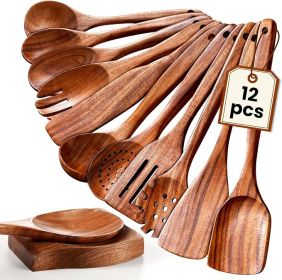 Wooden Spoons for Cooking, 12 Pcs Nonstick Wooden Cooking Utensils Set with Comfort Grip – 100% Natural Teak Wood - Sturdy, Lightweight & Heat Resist