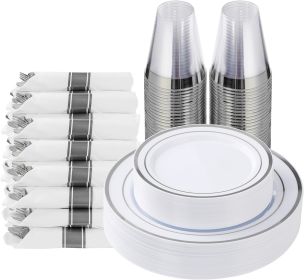 175 Piece Silver Plastic Dinnerware Set for 25 Guests, Fancy Disposable Plates for Party, Include: 25 Dinner Plates, 25 Dessert Plates, 25 Pre Rolled
