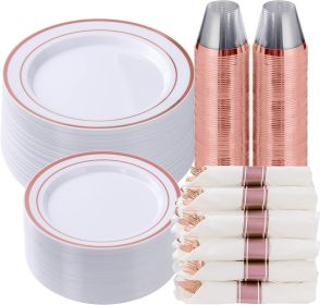 350 Piece Rose Gold Plastic Dinnerware Set for 50 Guests, Fancy Disposable Plates for Party, Include: 50 Dinner Plates, 50 Dessert Plates, 50 Pre Rol