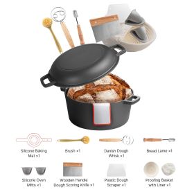 Cast Iron Dutch Oven, 2-in-1 Pre-Seasoned Pot with Skillet Lid, 5QT Cookware Pan with Proofing Basket, Bread Baking Accessories, Bread-Oven Compatibl