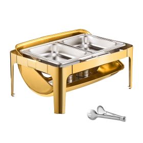Roll Top Chafing Dish Buffet Complete Set, 9Qt Stainless Steel Chafer with Full Size Pan, Rectangle Catering Warmer Server with Visible Lid Water Pan