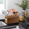 Acacia Wood Utensil Holder Organizer for Counter - Large Wooden Utensil Caddy for Countertop - 3 Compartment Cooking Tool Holder for Spatula - for Fa