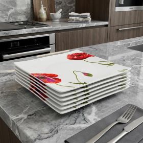 Red and White Six Piece Square Floral Bone China Service For Six (Option: Dinner Plate Set)