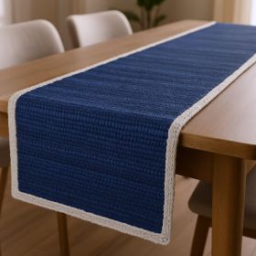 Cotton Table Runner (Color: Navy Blue And Natural Embroidered Edged)
