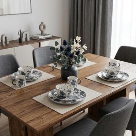 Sixteen Piece Round Floral Ceramic Service For Four Dinnerware Set (Color: Gray And Ivory)