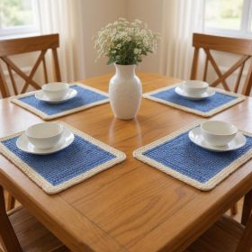 19" Cotton Placemats (Color: Solid Blue And Natural Border)