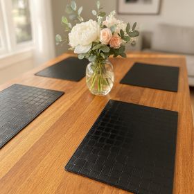 Set of Four Black Basketweave Faux Leather Placemats (Color: Black)