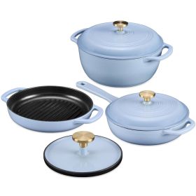 6-Piece Non-Stick Cast Iron Cookware Set - Skillet Grill Pan Dutch Oven (Color: Baby Blue)
