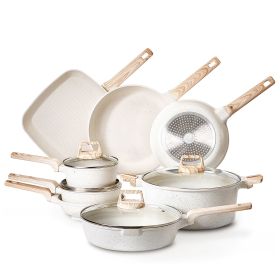19 Piece Pots and Pans Set, Granite Nonstick Cookware Set, Induction Cookwares, Kitchen RV Cooking Sets with Frying, Sauce, Saute, Tempered Glass Lid (Color: Off White)