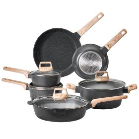 17 Piece Pots and Pans Set Nonstick, Granite Cookware Set, Induction Cookwares, Kitchen RV Cooking Sets with Frying, Sauce, Saute, Tempered Glass Lid (Color: Black)