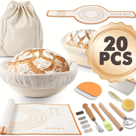 9-inch round and 10-inch oval bread proofing baskets with linings - Natural rattan proofing set with marking tools and linen lining (Color: White)