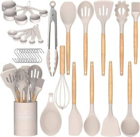 Chef Kitchen Cooking Utensils Set, 33 pcs Non-stick Silicone Utensils Spatula Set with Holder (Color: Stone)