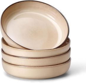 Pasta Bowls, 8.25'' Large Bowl Sets of 4, Stoneware Round Shallow Dinner Plates for Meal, Ceramic Salad Serving Plate for Cereal, Soup (Color: Natural)